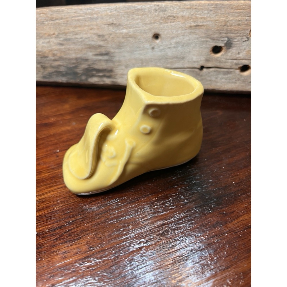 VTG Ceramic Baby Infant Shoe Bootie Planter Circa 1950s Yellow Glazed Vase